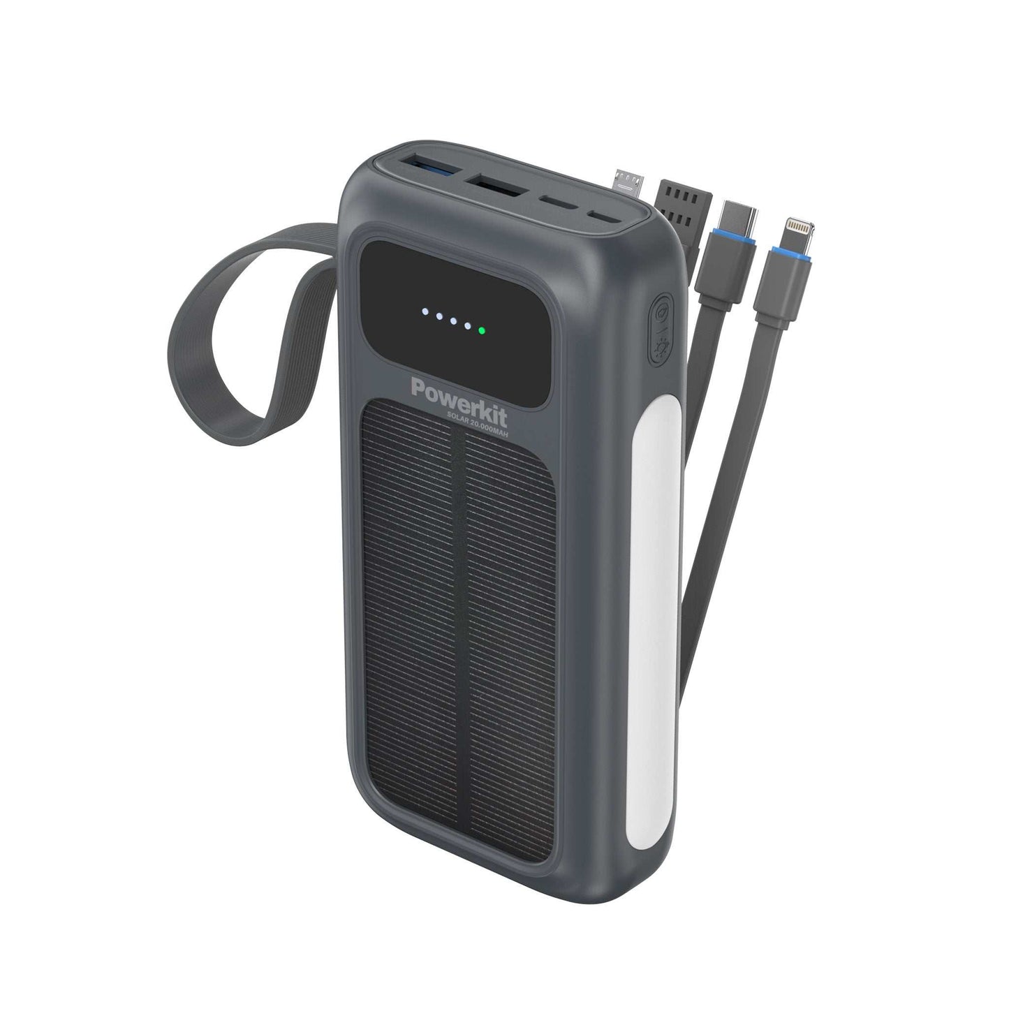 Powerbank 20.000 mAh - hurtigopladning - indbygget solceller og kabler