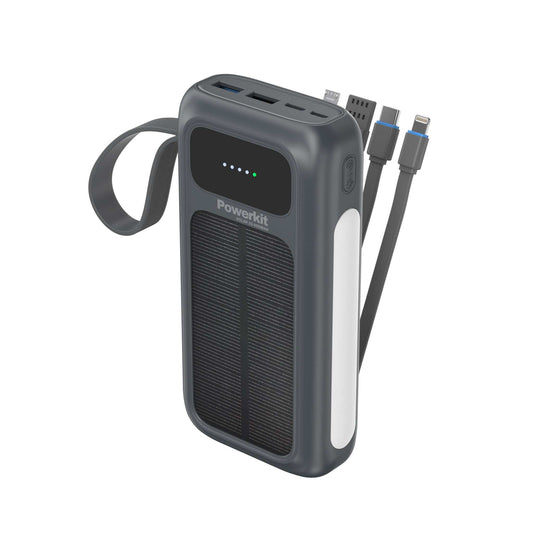 Powerbank 20.000 mAh - hurtigopladning - indbygget solceller og kabler