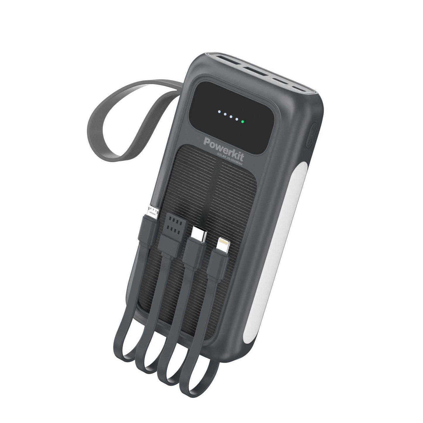 Powerbank 20.000 mAh - hurtigopladning - indbygget solceller og kabler