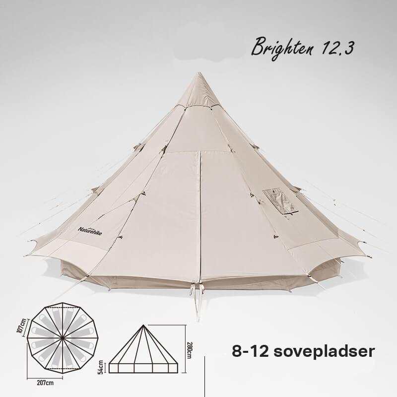 Glamping tipi telt 12.3, pyramidetelt, 100% bomuld, 6000mm vandsøjletryk, plads til 8-12 personer, YKK lynlåse.