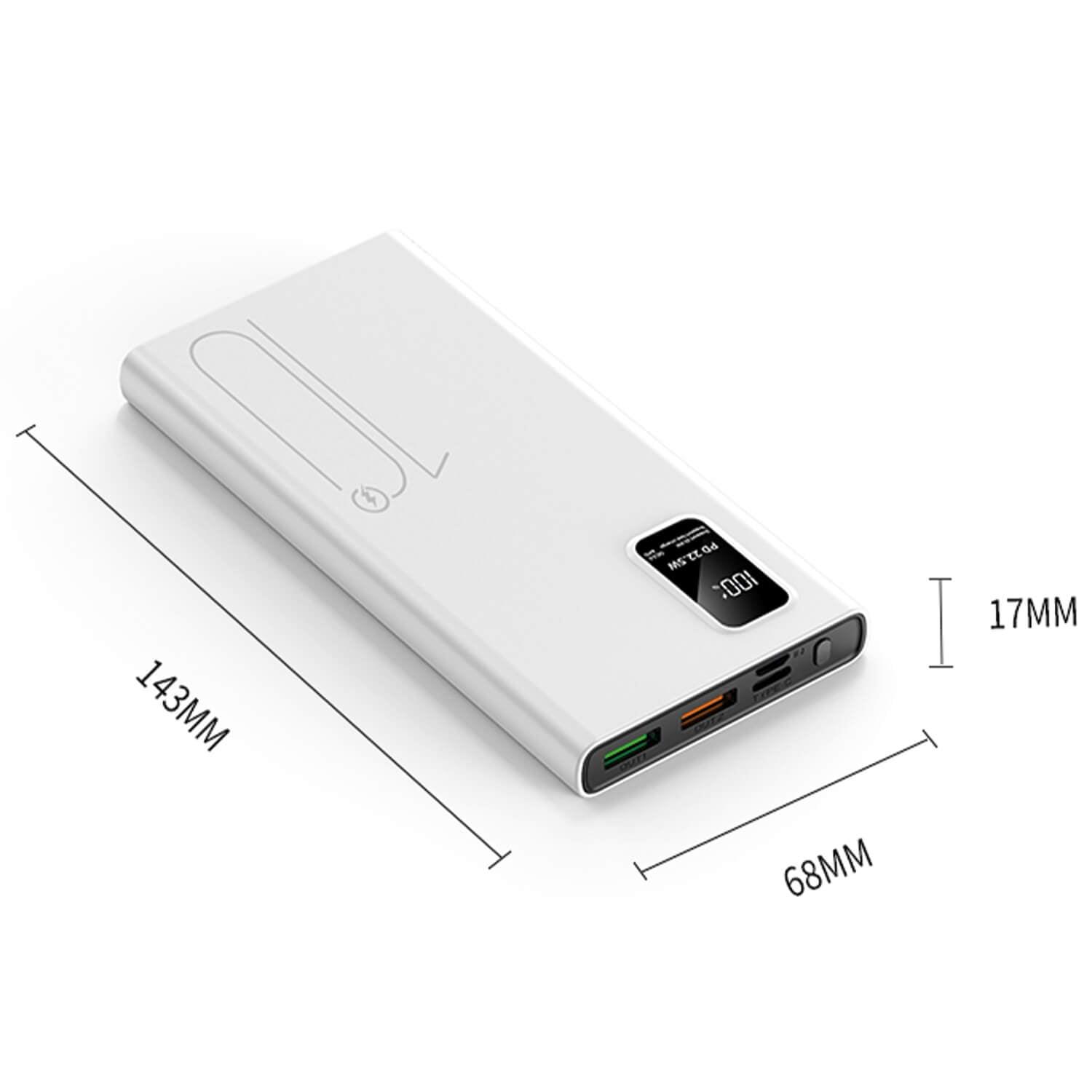 Powerbank 10.000 mAh med hurtigopladning og to USB-porte.