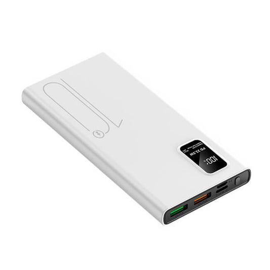 Powerbank 10.000 mAh with fast charging, dual USB ports, portable design.