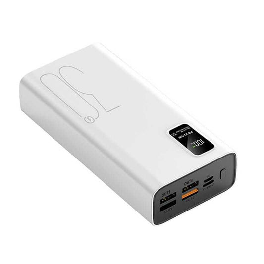 Powerbank 30.000 mAh with fast charging technology, dual USB ports, and LED indicator.