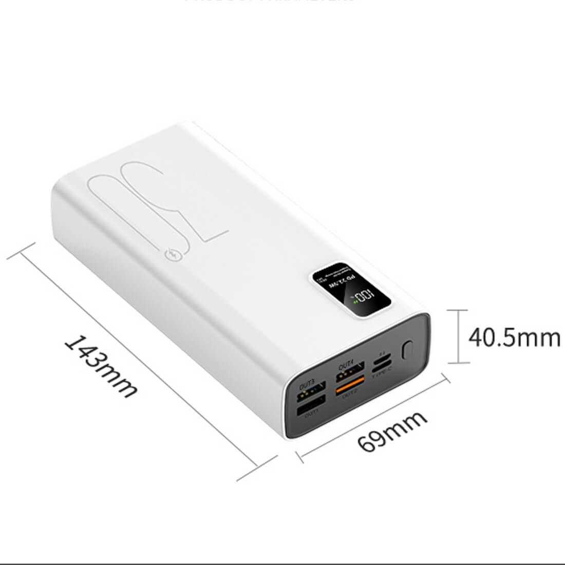 Powerbank 30.000 mAh with fast charging, dual USB ports, LED indicator.