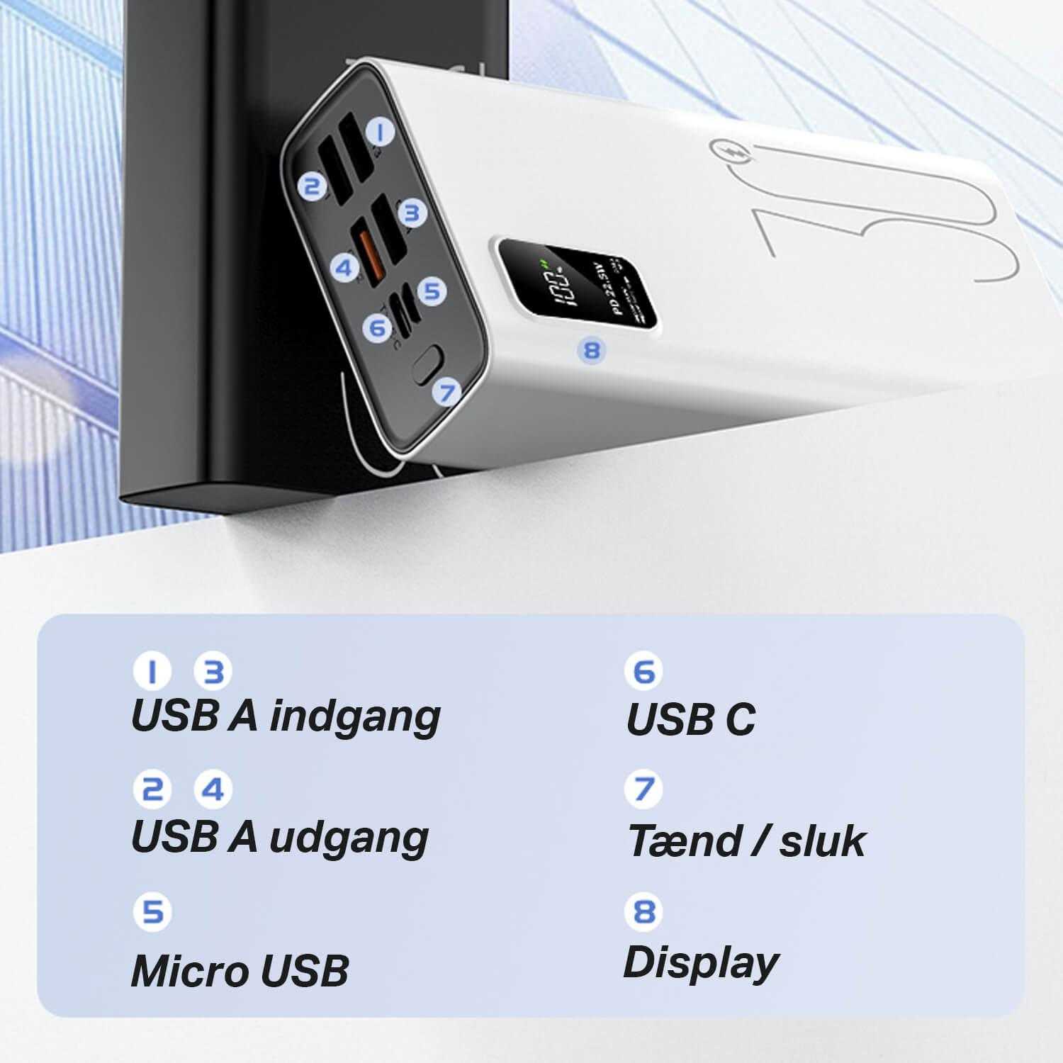 Powerbank 30.000 mAh med hurtigopladning, to USB-porte, USB C indgang/udgang, LED-indikator.