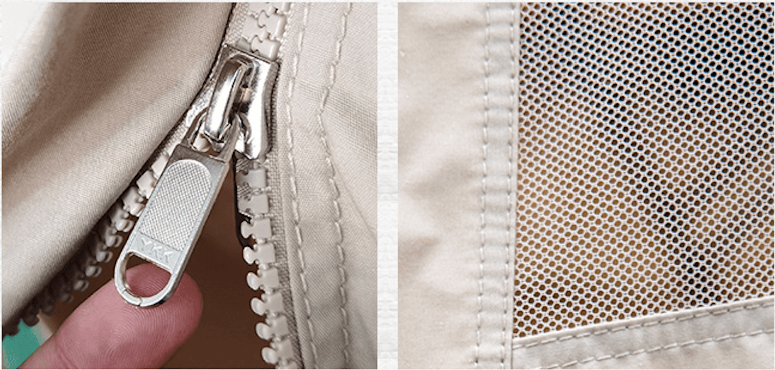 Close-up of YKK zipper and mesh fabric on glamping tipi tent.