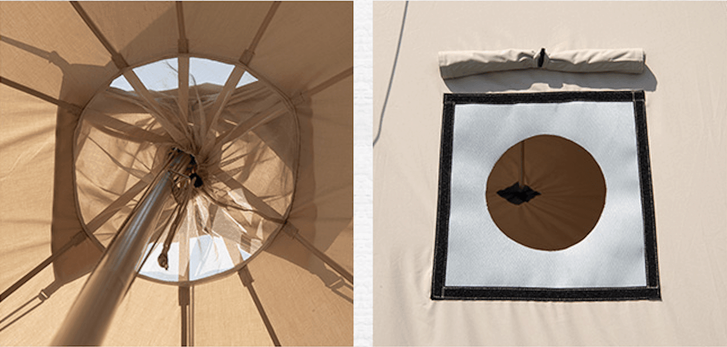 Glamping tipi tent interior with ventilation features.