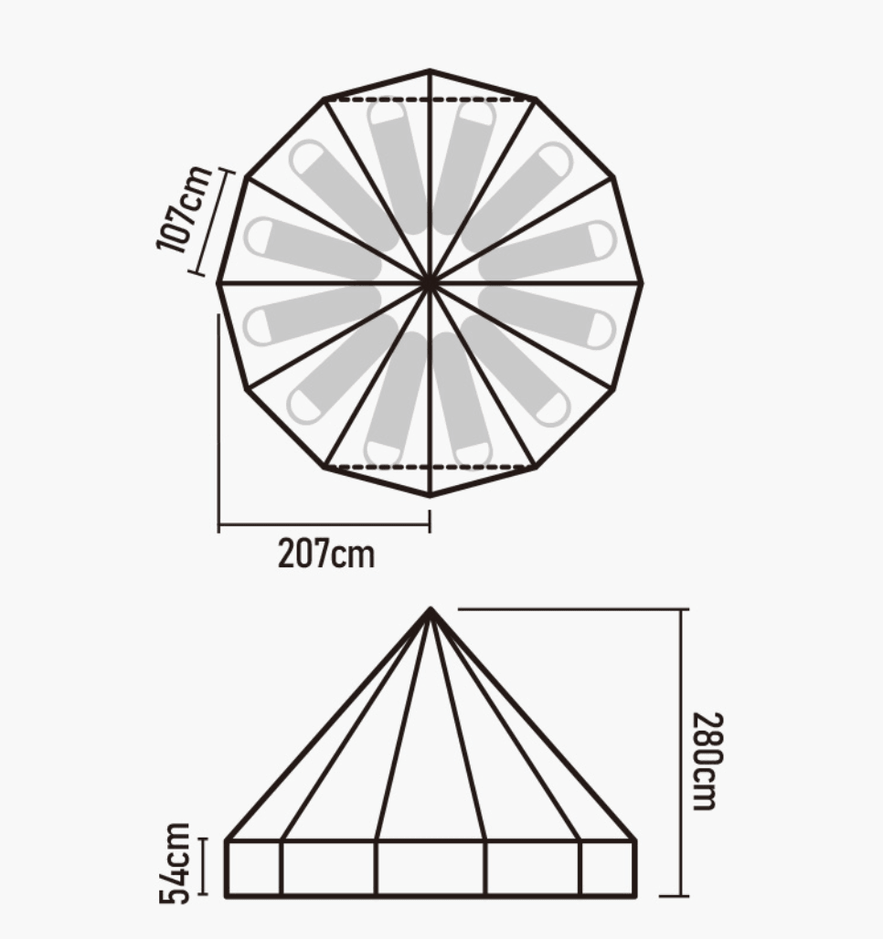 Glamping tipi telt - 12.3 layout with dimensions showing height, diameter, and room divisions.