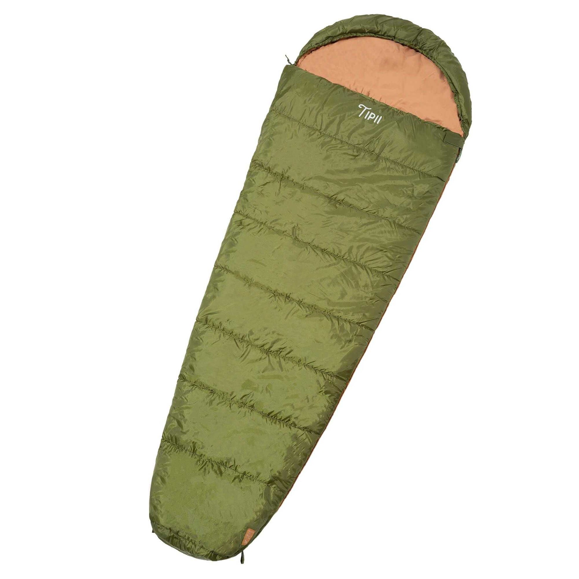 Green mummy sleeping bag for 0-5°C, water-resistant, breathable, up to 200 cm, 3-season use.