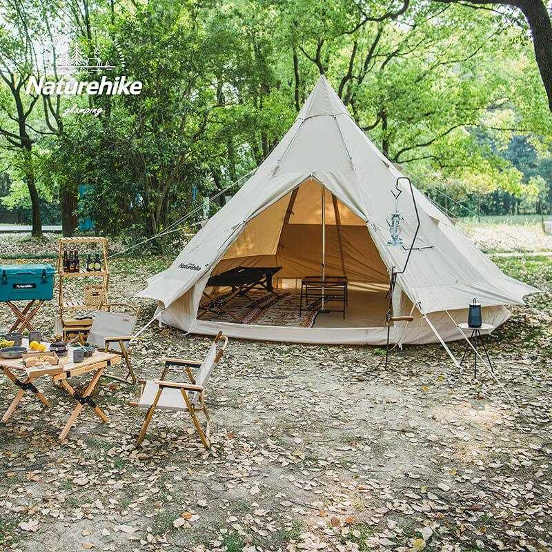 Glamping tipi telt from Naturehike, spacious cotton pyramid tent for up to 10 people, with 6000mm water column pressure, ideal for luxurious camping.