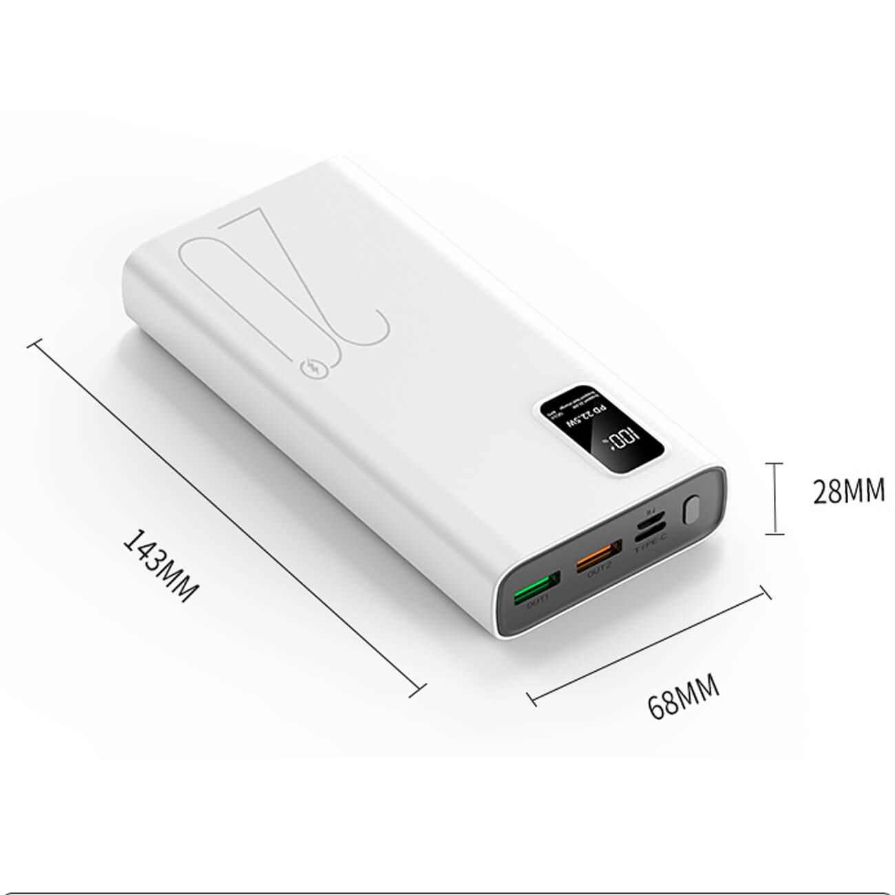 Powerbank med 20.000 mAh kapacitet og hurtigopladning, kompakt design, LED-indikator og USB-porte.