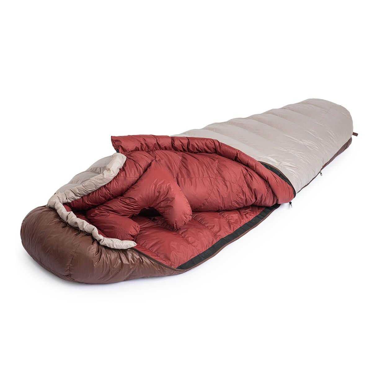 Dunsovepose mummy sleeping bag, 0° comfort, durable nylon, down insulation.