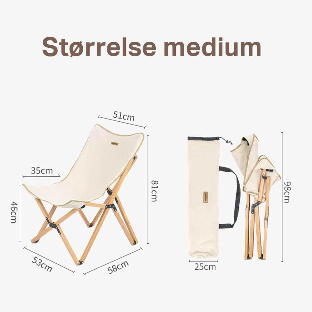 Træstol - glamping version, medium size, foldable with carry bag, natural wood finish.